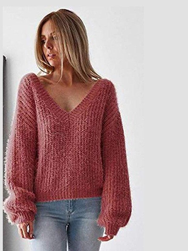 Solid color v neck knitted sweater women Casual loose back lace up winter warm sweater Autumn knitting pullover jumper - Takalr