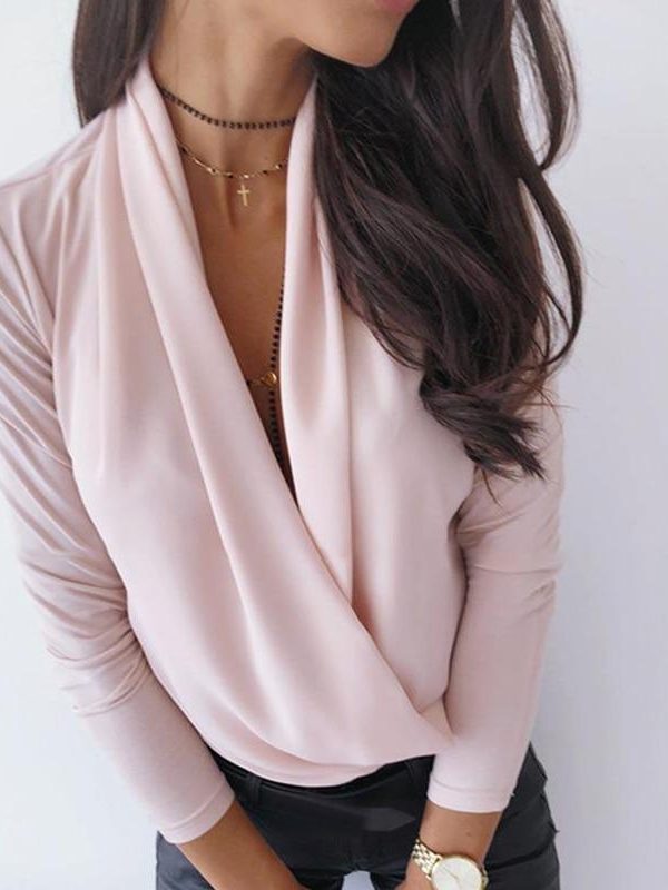 Solid sleeve long sleeve t shirt Women Cowl Neck Ruched tShirts fashion steetwear Blusa Feminina 2019 elegant office tops blusa - Takalr