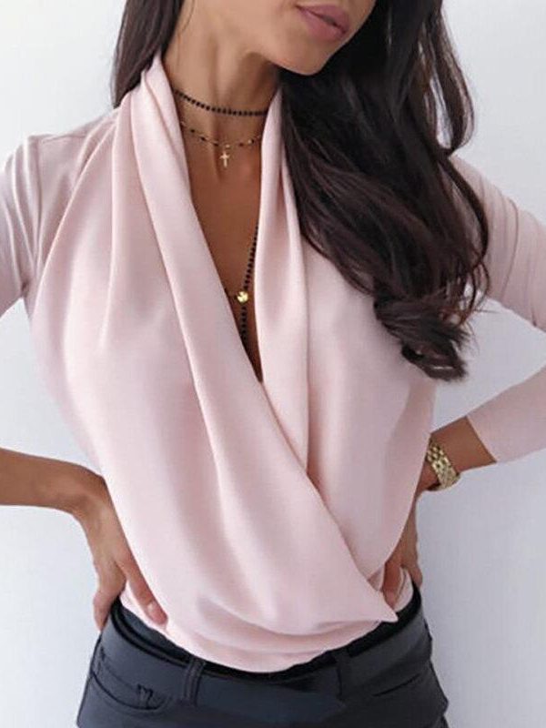 Solid sleeve long sleeve t shirt Women Cowl Neck Ruched tShirts fashion steetwear Blusa Feminina 2019 elegant office tops blusa - Takalr