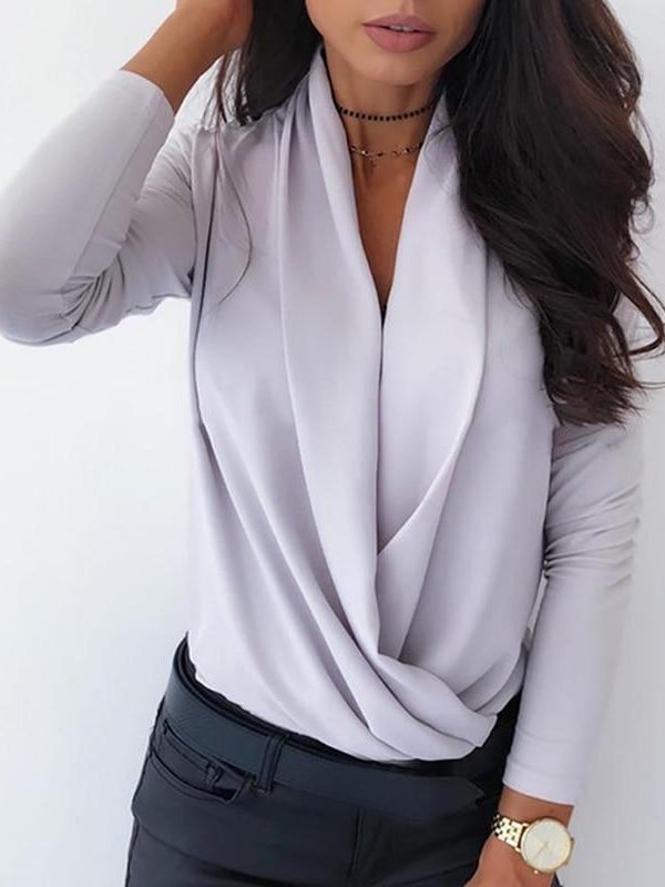 Solid sleeve long sleeve t shirt Women Cowl Neck Ruched tShirts fashion steetwear Blusa Feminina 2019 elegant office tops blusa - Takalr