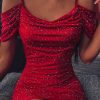 Spaghetti Strap Glitter Cami Dress Women Off the Shoulde Red Party Dress Summer Sexy Shining Ruched Party Dresses Vestidos - Takalr