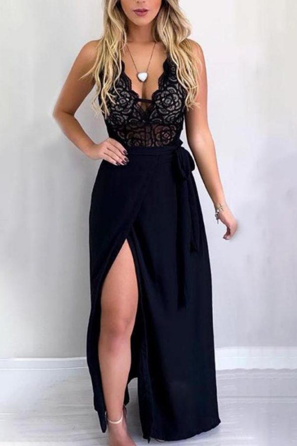 Spaghetti Strap Lace Insert Slit Maxi Dress Women Secy v neck black summer dress Backless beach maxi dresses Robe femme vestidos - Takalr