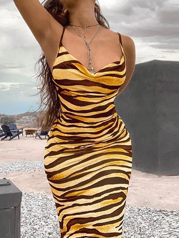 Spaghetti Strap Striped Tiger Print Dress Women Sleeveless Slim Strap Long Dress Summer Sexy Club Party Dress Casual Vestidos - Takalr