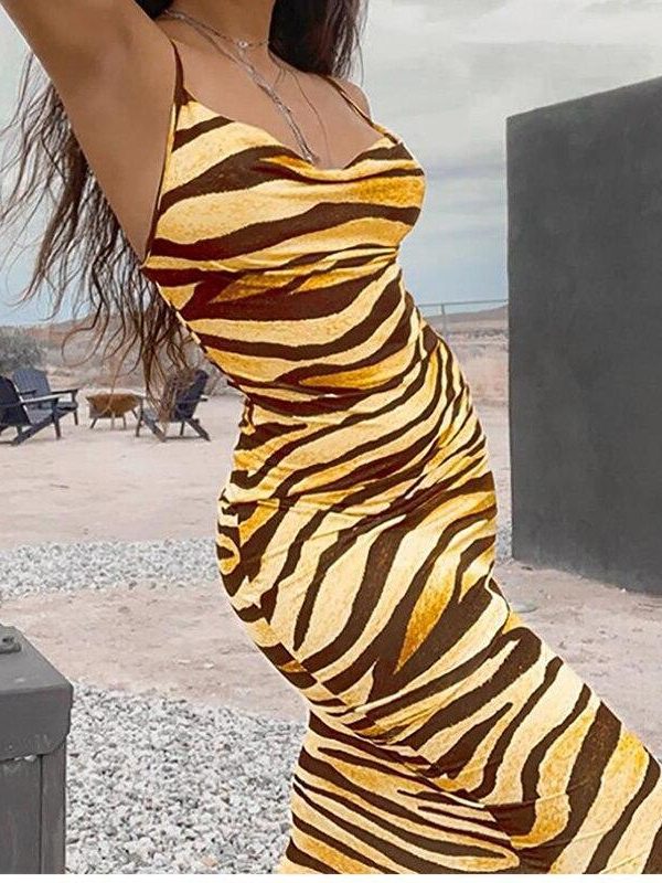 Spaghetti Strap Striped Tiger Print Dress Women Sleeveless Slim Strap Long Dress Summer Sexy Club Party Dress Casual Vestidos - Takalr