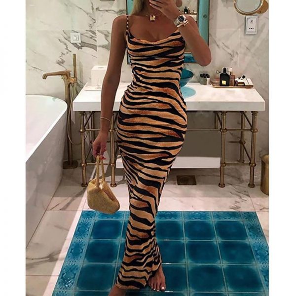 Spaghetti Strap Striped Tiger Print Dress Women Sleeveless Slim Strap Long Dress Summer Sexy Club Party Dress Casual Vestidos - Takalr