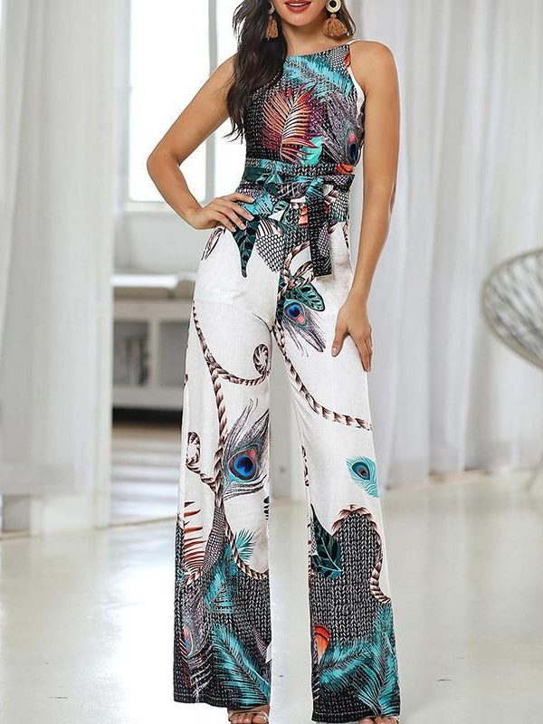 Spaghetti strap peacock print jumpsuit for women summer Sashes sleevelss wide leg pants long jumpsuit Casual overalls femme - Takalr