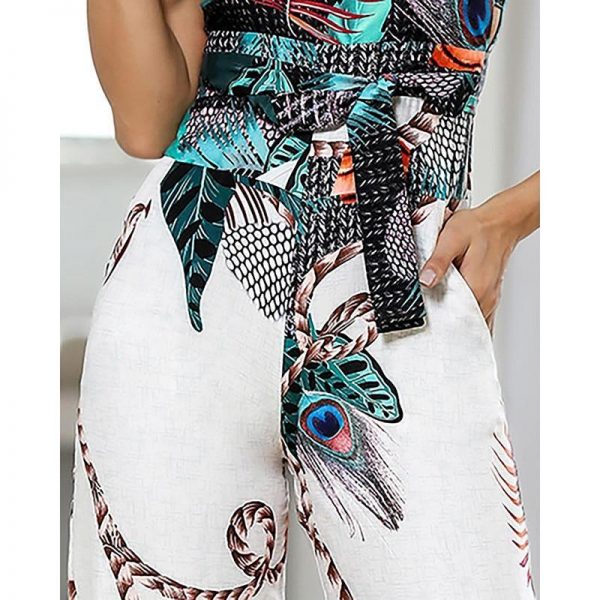 Spaghetti strap peacock print jumpsuit for women summer Sashes sleevelss wide leg pants long jumpsuit Casual overalls femme - Takalr