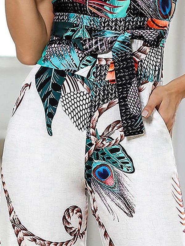 Spaghetti strap peacock print jumpsuit for women summer Sashes sleevelss wide leg pants long jumpsuit Casual overalls femme - Takalr