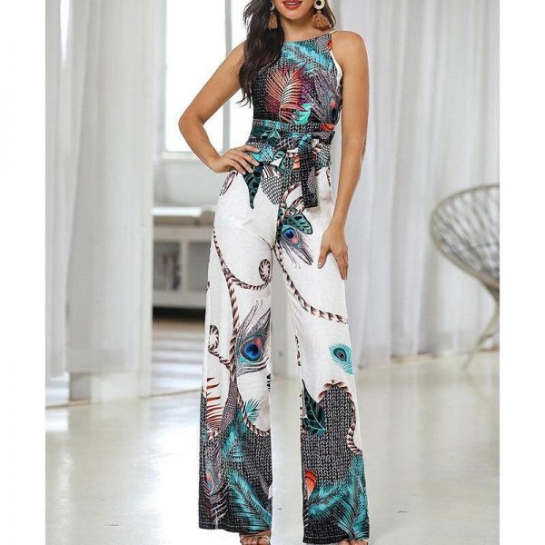 Spaghetti strap peacock print jumpsuit for women summer Sashes sleevelss wide leg pants long jumpsuit Casual overalls femme - Takalr