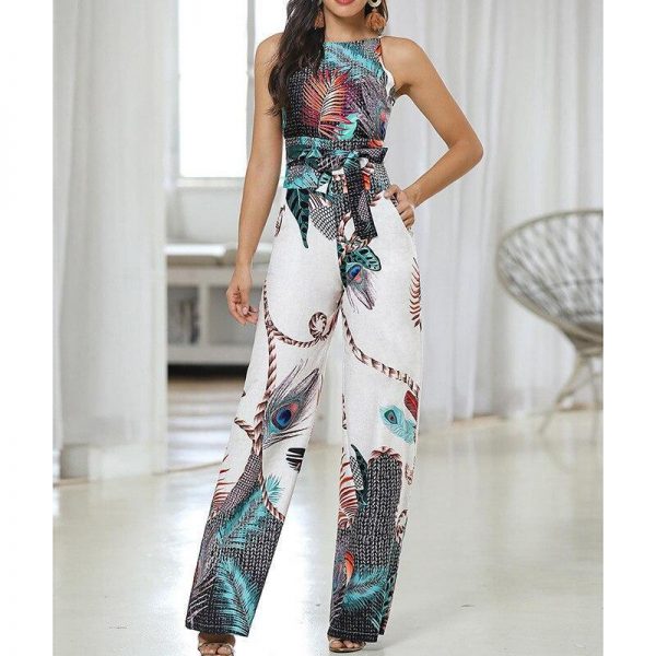 Spaghetti strap peacock print jumpsuit for women summer Sashes sleevelss wide leg pants long jumpsuit Casual overalls femme - Takalr