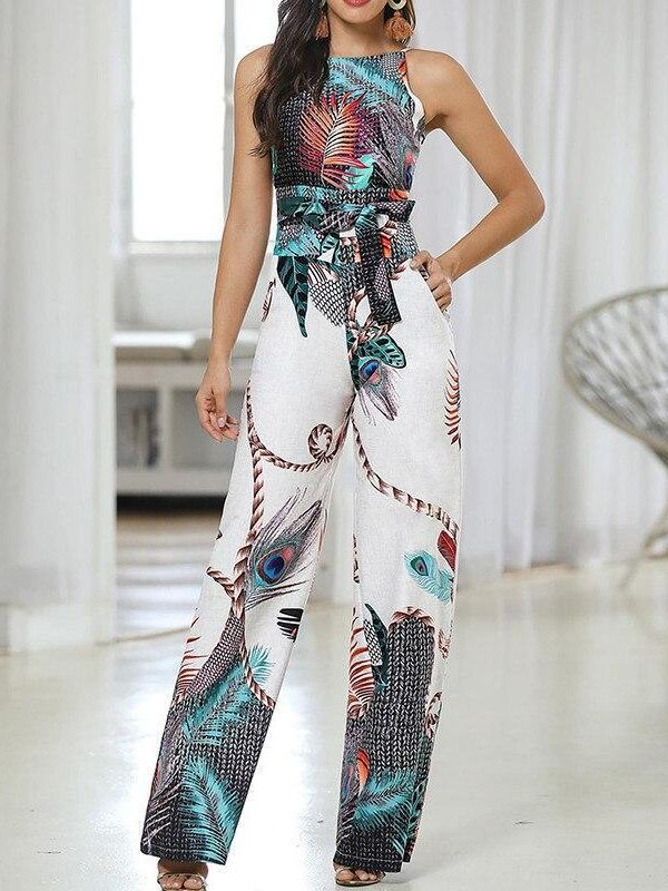 Spaghetti strap peacock print jumpsuit for women summer Sashes sleevelss wide leg pants long jumpsuit Casual overalls femme - Takalr