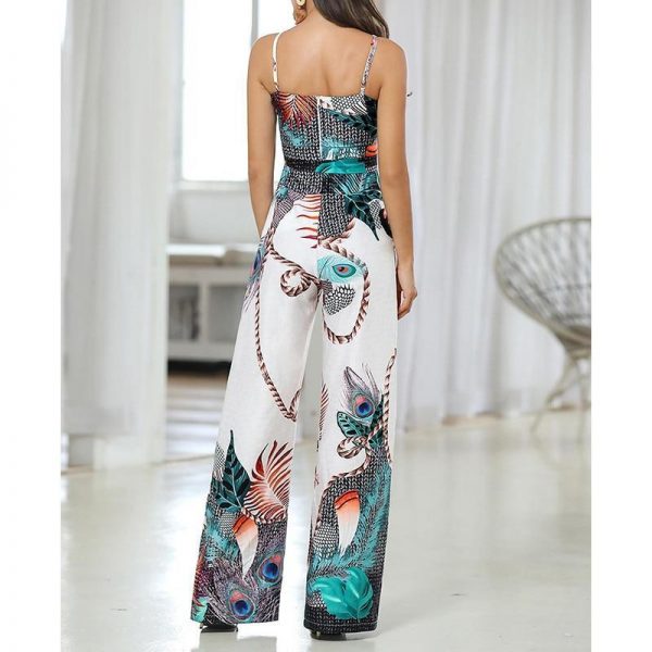 Spaghetti strap peacock print jumpsuit for women summer Sashes sleevelss wide leg pants long jumpsuit Casual overalls femme - Takalr