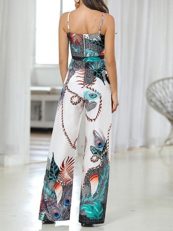 Spaghetti strap peacock print jumpsuit for women summer Sashes sleevelss wide leg pants long jumpsuit Casual overalls femme - Takalr