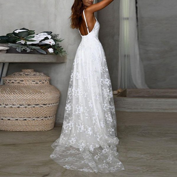 Spaghetti strap white lace party dress women Sleeveless solid color long maxi dress Summer elegant flower robe femme vestidos - Takalr