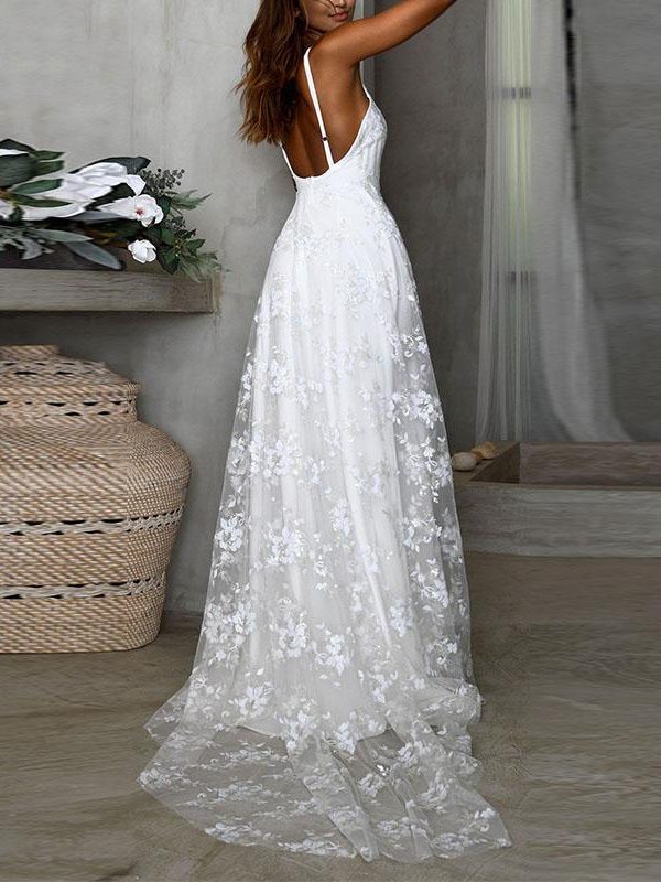 Spaghetti strap white lace party dress women Sleeveless solid color long maxi dress Summer elegant flower robe femme vestidos - Takalr