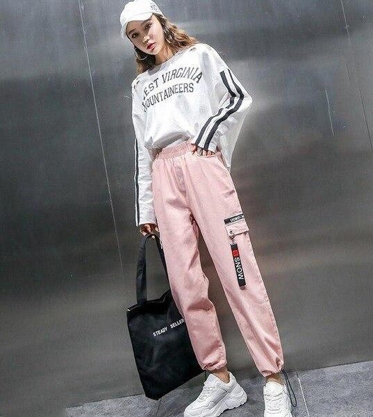 Spring Women Plus Size 2XL Hip Hop Pants  BF Harajuku Loose Cargo Pants Women Ribbon Big Pocket Casual Harem Pants - Takalr