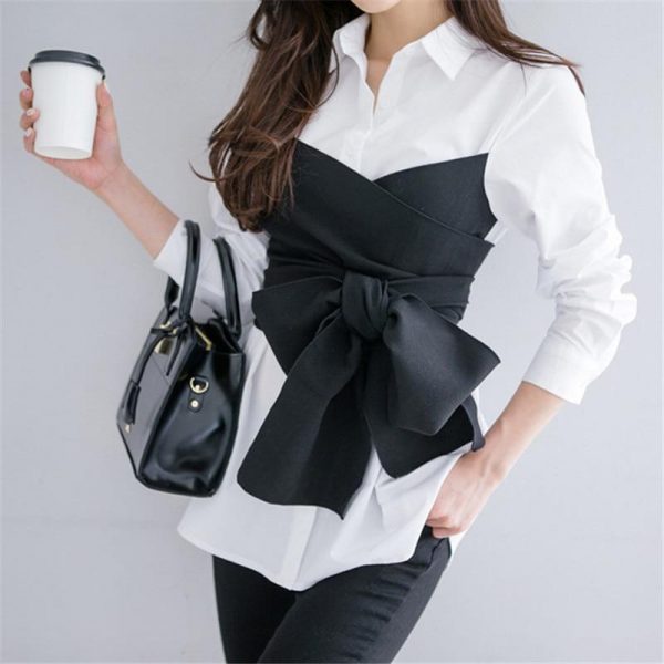 Spring Women White and Black Blouse Shirt Autumn New Tie up Blusas Female Bow Fake Two Pieces Tops Fashion Shirts - Takalr