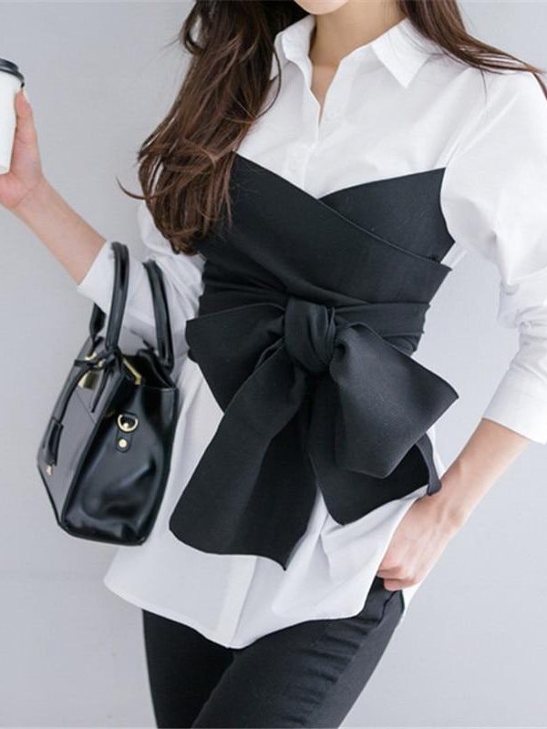 Spring Women White and Black Blouse Shirt Autumn New Tie up Blusas Female Bow Fake Two Pieces Tops Fashion Shirts - Takalr