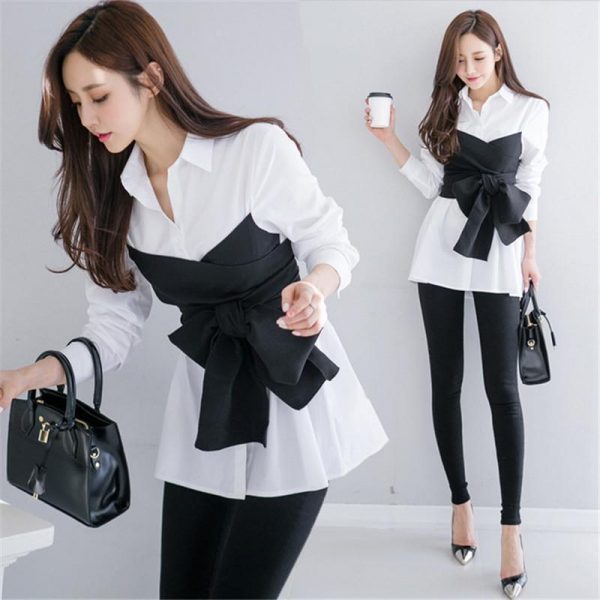 Spring Women White and Black Blouse Shirt Autumn New Tie up Blusas Female Bow Fake Two Pieces Tops Fashion Shirts - Takalr