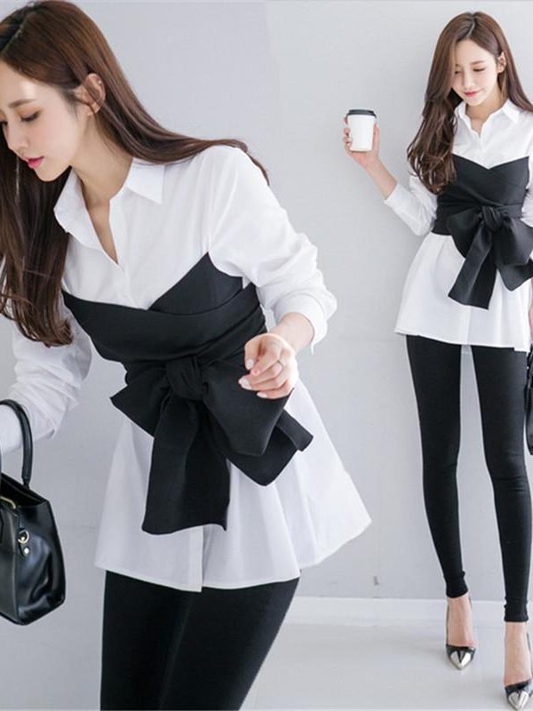 Spring Women White and Black Blouse Shirt Autumn New Tie up Blusas Female Bow Fake Two Pieces Tops Fashion Shirts - Takalr