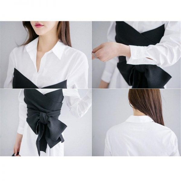 Spring Women White and Black Blouse Shirt Autumn New Tie up Blusas Female Bow Fake Two Pieces Tops Fashion Shirts - Takalr