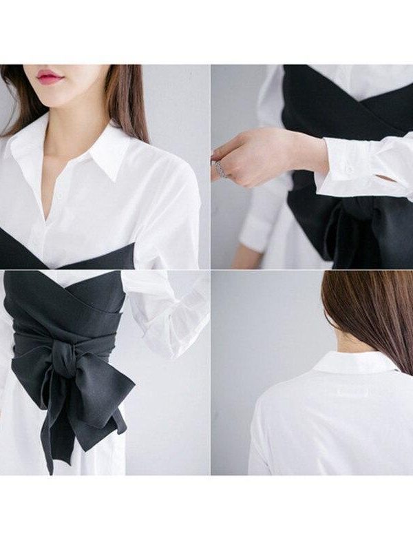 Spring Women White and Black Blouse Shirt Autumn New Tie up Blusas Female Bow Fake Two Pieces Tops Fashion Shirts - Takalr