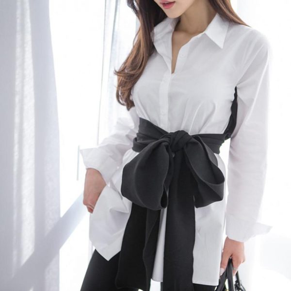 Spring Women White and Black Blouse Shirt Autumn New Tie up Blusas Female Bow Fake Two Pieces Tops Fashion Shirts - Takalr