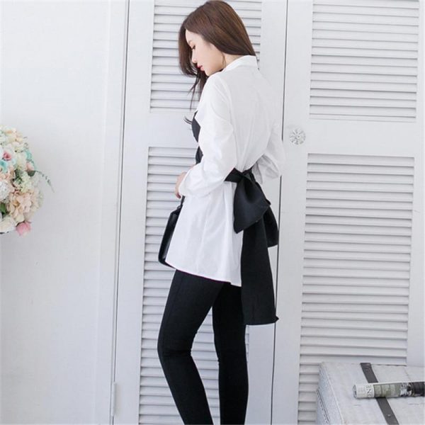 Spring Women White and Black Blouse Shirt Autumn New Tie up Blusas Female Bow Fake Two Pieces Tops Fashion Shirts - Takalr