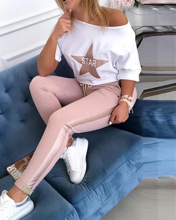 Star Print Top & Drawstring Design Pant Sets Women Casusal Two Piece Set Spring Tracksuit Mujer - Takalr