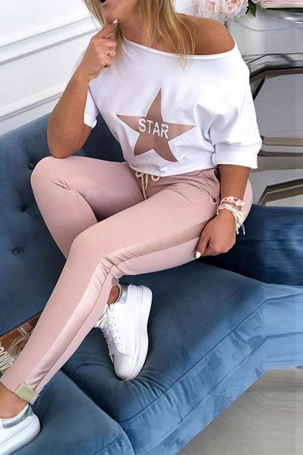 Star Print Top & Drawstring Design Pant Sets Women Casusal Two Piece Set Spring Tracksuit Mujer - Takalr