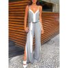 Strapless wide leg pants jumpsuit for women Summer v neck grey white patchwork long jumpsuit Side split maxi rompers - Takalr