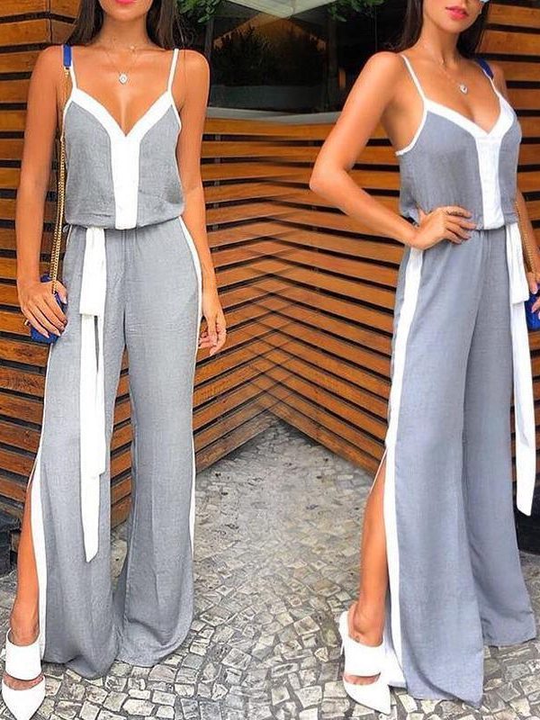 Strapless wide leg pants jumpsuit for women Summer v neck grey white patchwork long jumpsuit Side split maxi rompers - Takalr