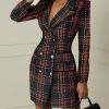 Striped Grid Double Breasted Blazer Dress Women Plaid Print Pocket Elegant Work Wear Dresses - Takalr