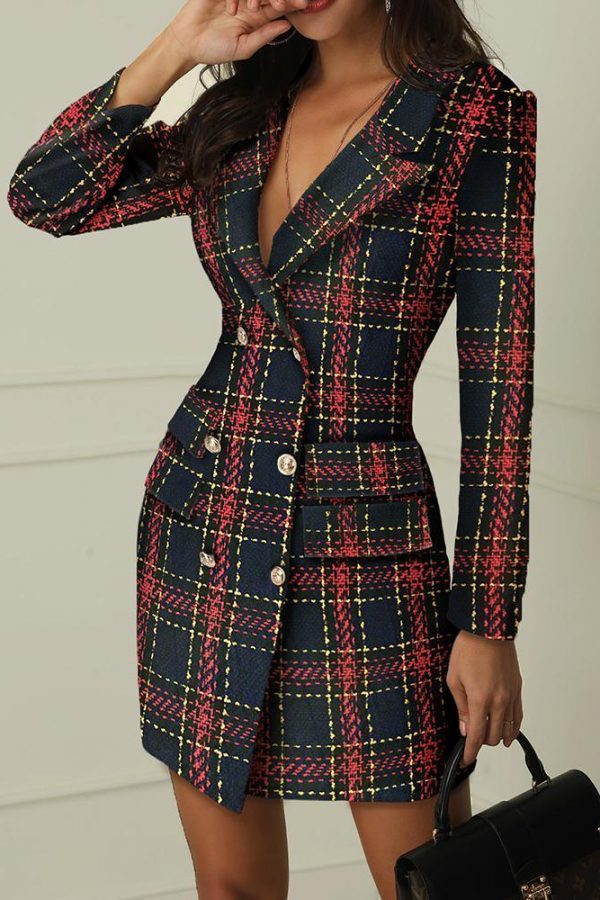 Striped Grid Double Breasted Blazer Dress Women Plaid Print Pocket Elegant Work Wear Dresses - Takalr