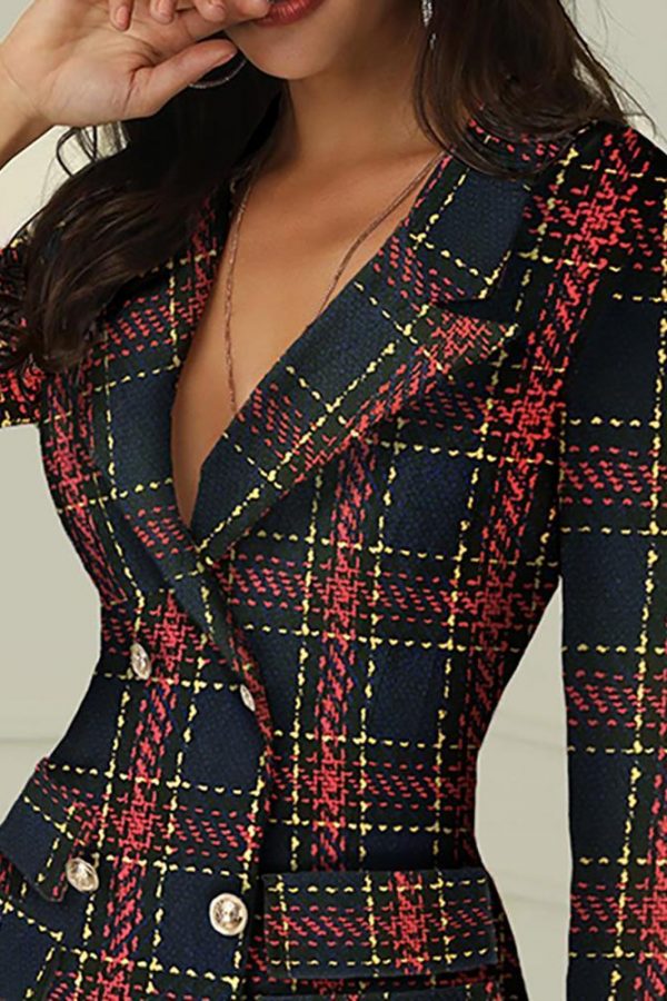 Striped Grid Double Breasted Blazer Dress Women Plaid Print Pocket Elegant Work Wear Dresses - Takalr