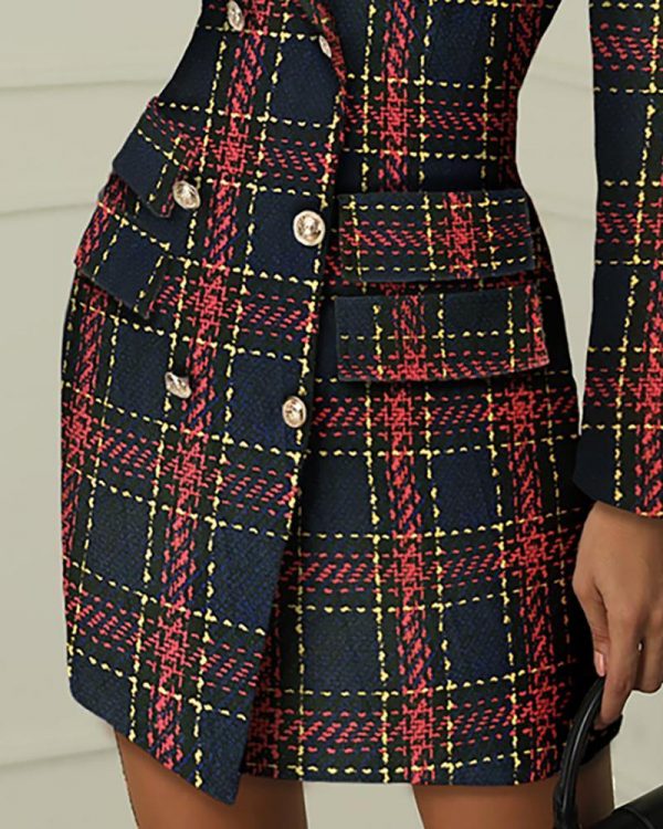 Striped Grid Double Breasted Blazer Dress Women Plaid Print Pocket Elegant Work Wear Dresses - Takalr