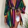 Striped Long Sleeve Deep V Neck Tops Women Sexy V Neck Long Sleeve T Shirt Rainbow Print Streetwear - Takalr