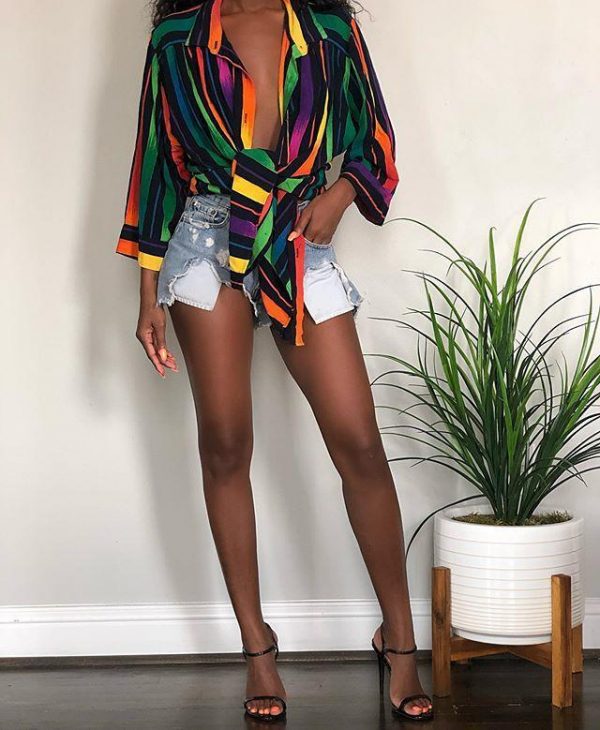 Striped Long Sleeve Deep V Neck Tops Women Sexy V Neck Long Sleeve T Shirt Rainbow Print Streetwear - Takalr