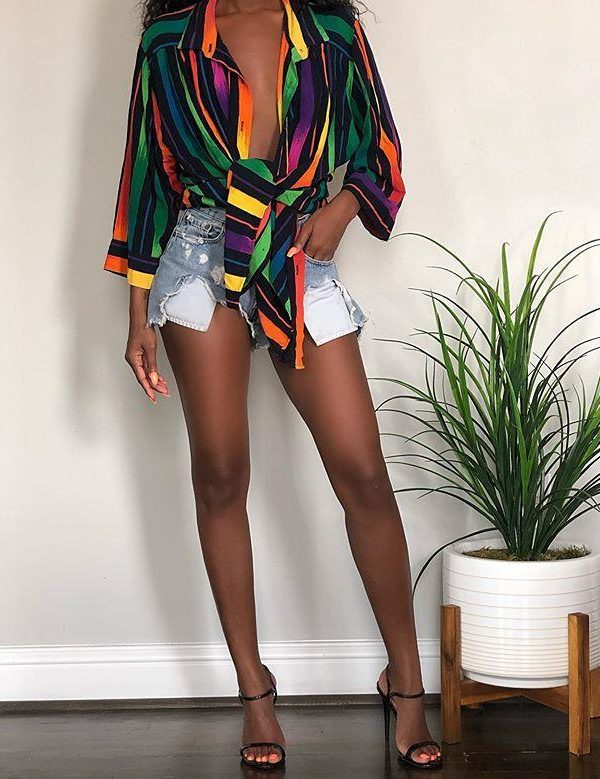 Striped Long Sleeve Deep V Neck Tops Women Sexy V Neck Long Sleeve T Shirt Rainbow Print Streetwear - Takalr