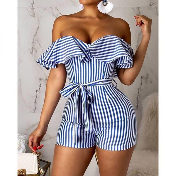 Striped Off Shoulder Ruffles Design Romper Sashes stripes jumpsuits for women Summer high waist jumpsuit shorts Overalls - Takalr