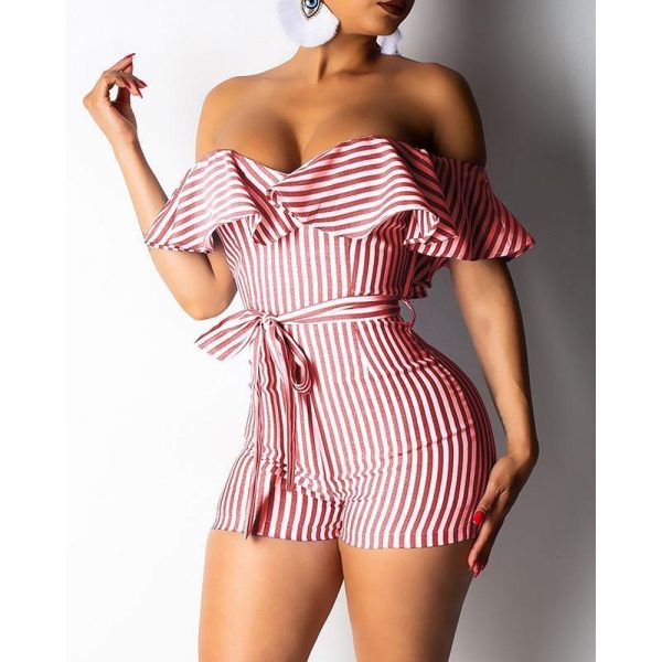 Striped Off Shoulder Ruffles Design Romper Sashes stripes jumpsuits for women Summer high waist jumpsuit shorts Overalls - Takalr