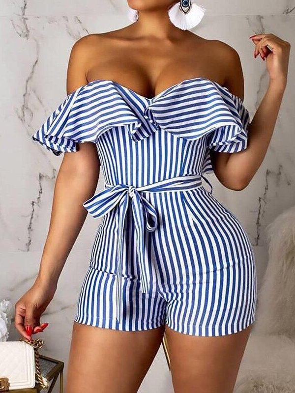 Striped Off Shoulder Ruffles Design Romper Sashes stripes jumpsuits for women Summer high waist jumpsuit shorts Overalls - Takalr