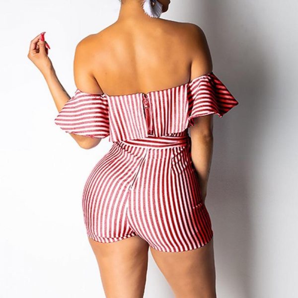 Striped Off Shoulder Ruffles Design Romper Sashes stripes jumpsuits for women Summer high waist jumpsuit shorts Overalls - Takalr