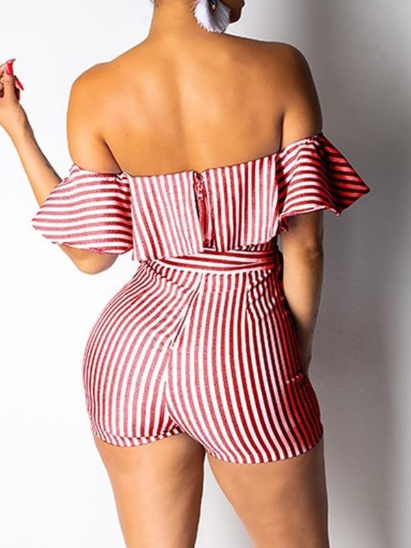 Striped Off Shoulder Ruffles Design Romper Sashes stripes jumpsuits for women Summer high waist jumpsuit shorts Overalls - Takalr