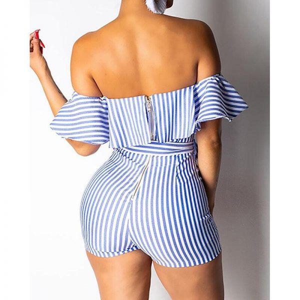 Striped Off Shoulder Ruffles Design Romper Sashes stripes jumpsuits for women Summer high waist jumpsuit shorts Overalls - Takalr