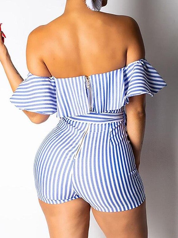 Striped Off Shoulder Ruffles Design Romper Sashes stripes jumpsuits for women Summer high waist jumpsuit shorts Overalls - Takalr