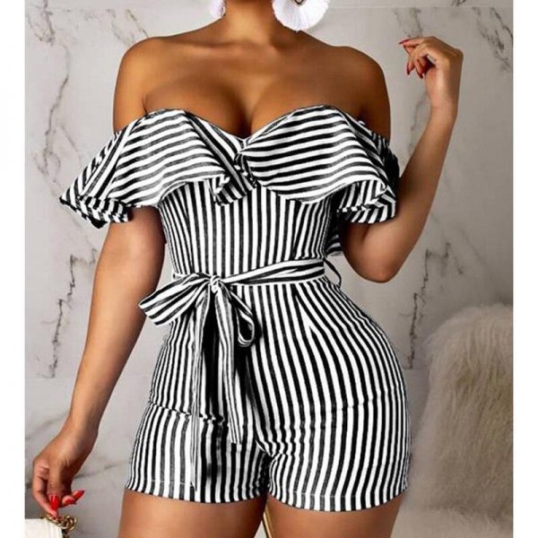 Striped Off Shoulder Ruffles Design Romper Sashes stripes jumpsuits for women Summer high waist jumpsuit shorts Overalls - Takalr