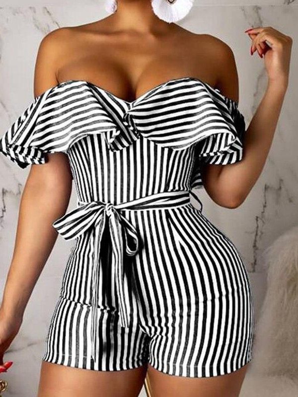 Striped Off Shoulder Ruffles Design Romper Sashes stripes jumpsuits for women Summer high waist jumpsuit shorts Overalls - Takalr