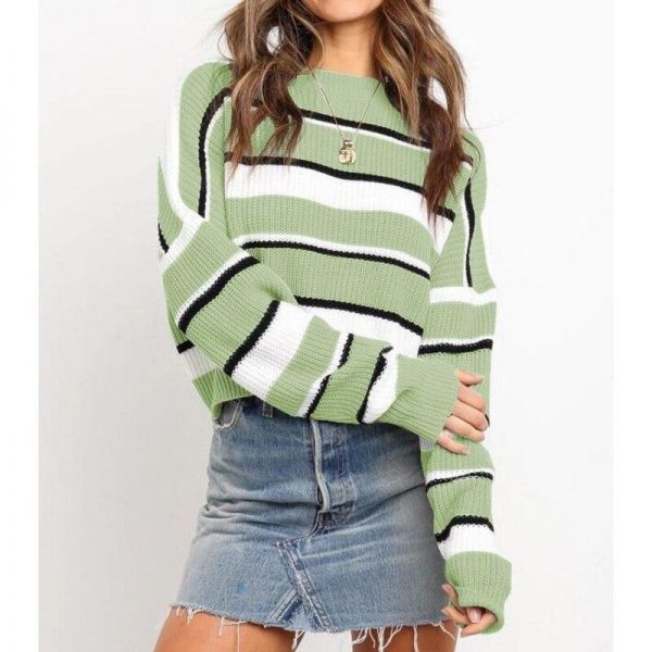 Striped Print Knitted Sweater Women Batwing Sleeve O Neck Sweater Pull Femme Winter Fashion Casual Loose Sweaters Pullover - Takalr