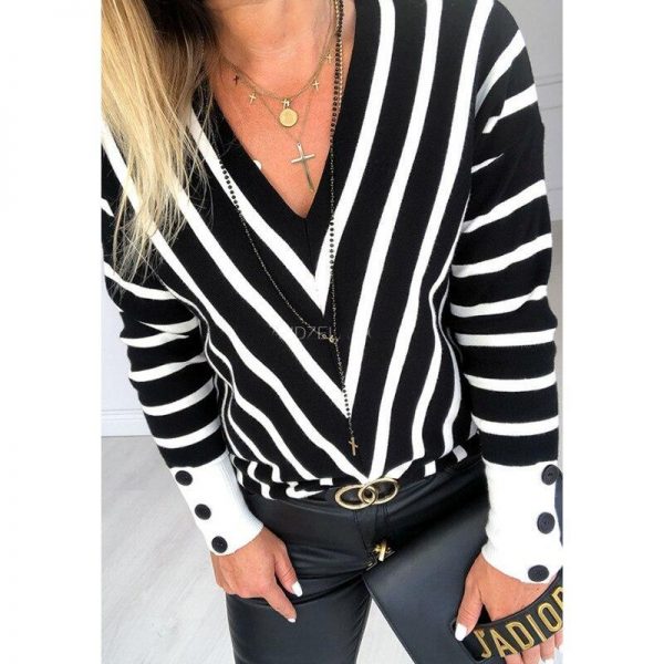 Striped Print Knitted Sweater Women Long Sleeve Casual Sweaters Pullover Winter Button Design Knitting Sweaters Pull Femme - Takalr